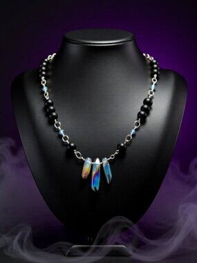 Handmade! Electroplated Quartz + Black Stone Beads - Adjust. Necklace app. 22"